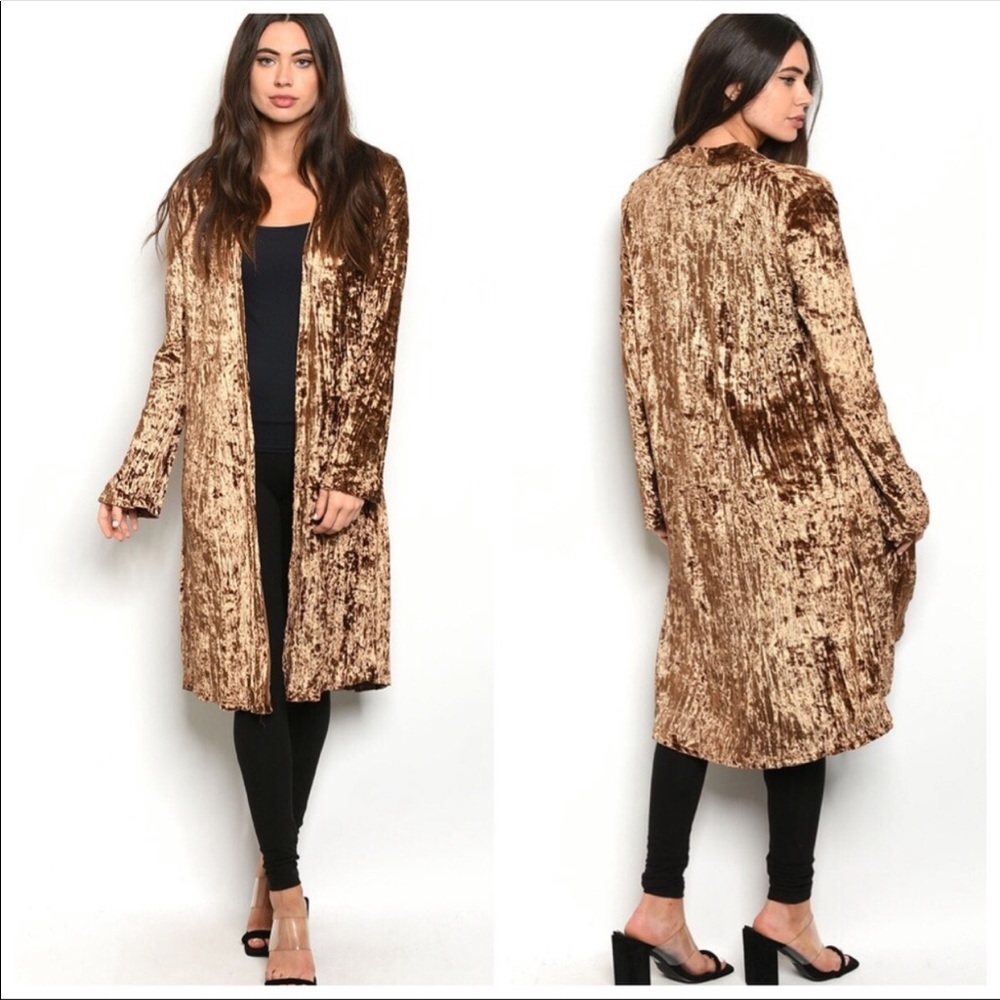 Velvet Copper Open Front Side Slits Long Cardigan